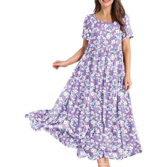 Women's‎ Casual Bohemian Floral Maxi Dress with Pockets, Short Sleeve, Loose Fit - Picture 6 of 6